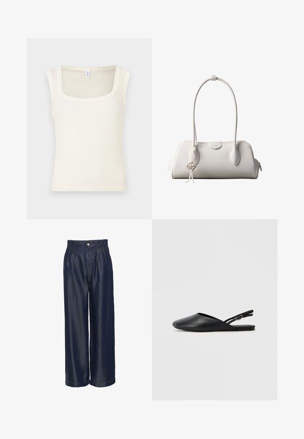 Ärmelloses Tanktop in Cremefarbe mit quadratischem Ausschnitt, geripptem Muster und figurbetontem Design. Glatter Stoff mit sauberen, geraden Kanten.; Marineblaue Jeans mit weitem Bein und hohem Bund, die über Frontfalten und goldene Nähte verfügt, eine glatte Textur hat und mit einem Knopfverschluss ausgestattet ist.; Schwarze Leder-Slingback-Schuhe mit spitzem Zehenbereich, geschwungenem Design und verstellbarem Schnallenriemen. Glatte Textur, flache Sohle, minimale Details.; Weiße Calvin Klein Schultertasche mit langen Griffen, rechteckiger Form, Reißverschluss und dekorativem Logo-Anhänger, der in der Nähe des Griffs hängt.