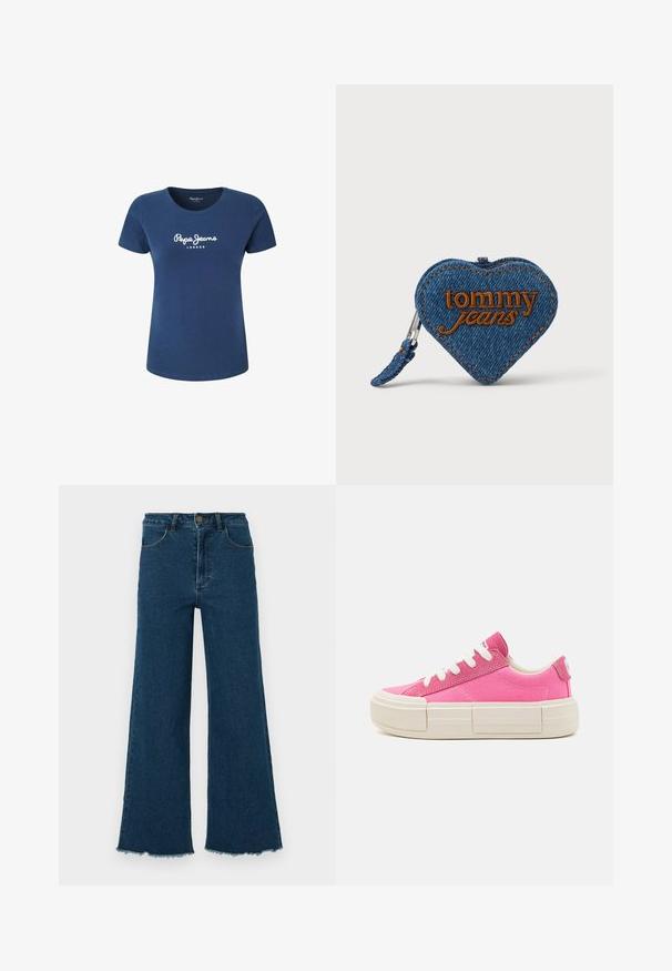Camiseta de manga corta azul marino de algodón con cuello redondo y el logo "Pepe Jeans London" impreso en blanco en la parte frontal.; Vaqueros de pierna ancha de talle alto en azul oscuro con bolsillos delanteros, cierre de botones y bordes sin rematar sobre un fondo blanco.; Zapatillas de lona rosas con suelas de goma blanca, cordones planos y un diseño de plataforma ligeramente elevada. Detalles minimalistas en los laterales.; Monedero de mezclilla azul en forma de corazón con el logo bordado en naranja "tommy jeans", que cuenta con un zipper y detalles decorativos de costura.