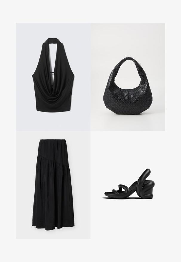 Schwarzes ärmelloses Neckholder-Oberteil mit tiefem, drapiertem Ausschnitt und offenem Rücken, vor einem hellgrauen Hintergrund hängend.; Schwarzer knöchellanger Rock mit gerafftem Stoff und einem diagonalen Nahtdetail auf der Vorderseite.; Schwarze hochhackige Sandalen mit einem skulpturalen Designs aus Gummi. Mit geschwungenen Riemen und einem dicken Absatz. Glatte, matte Textur.; Schwarze gewebte Handtasche mit einem gebogenen Griff, die eine strukturierte Oberfläche und eine lässige Form hat. Glatte Oberfläche mit einer organischen Silhouette.