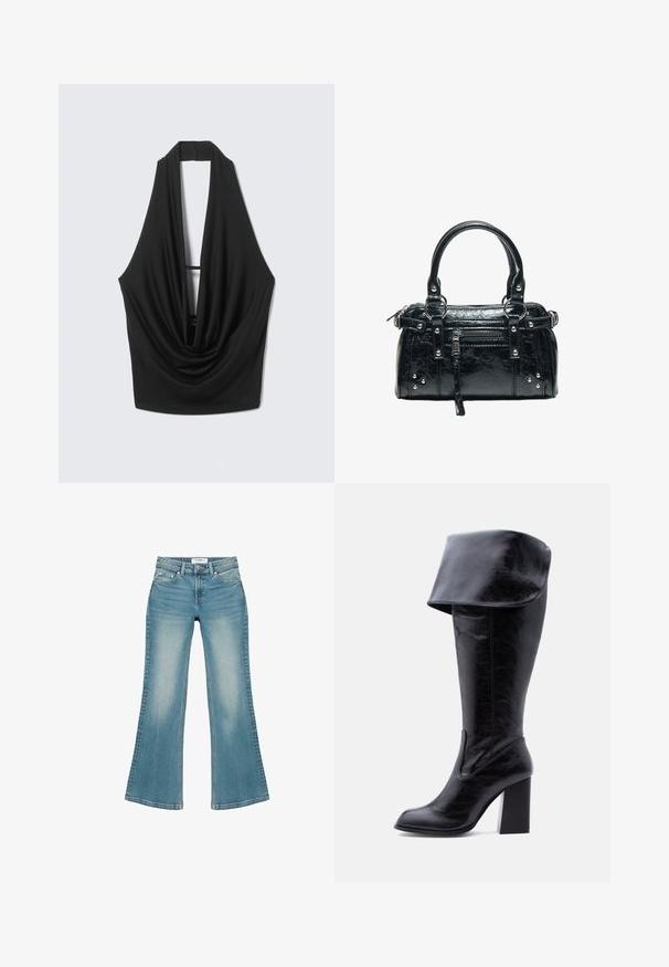 Haut noir sans manches à col licou avec un décolleté drapé profond et un dos ouvert, suspendu sur un fond gris clair.; Jean en denim bleu avec taille haute, poches avant, passants de ceinture et jambes évasées, posé à plat sur un fond blanc.; Botte haute en cuir noir avec talon, bord plié et bout arrondi, debout sur un fond blanc.; Sac à main en cuir noir avec deux poignées, poche avant zippée, clous argentés et surface texturée isolée sur fond blanc.