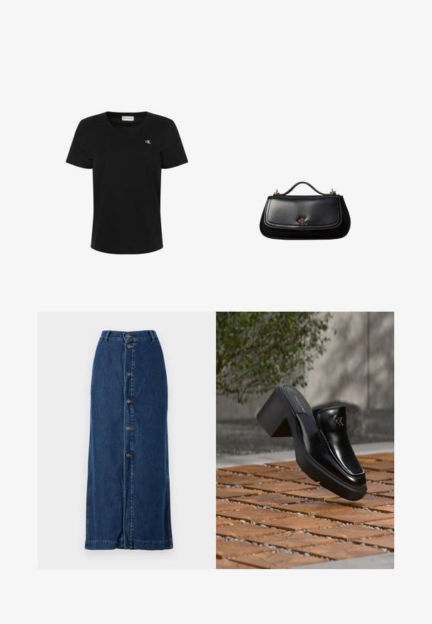 Zwart katoenen T-shirt met een V-hals, korte mouwen en een klein wit "ck"-logo op de linkerborst. Soepele textuur en klassieke pasvorm.; Denim maxi rok in donkerblauw, met een voorkant knoopsluiting en zijopeningen, met een rechte stijl en gestikte zoom.; Zwarte leren Calvin Klein slip-on mule met blokhak rustend op houten tegels buiten, vlak bij een groene plant en een grijze muur.; Zwarte leren handtas met een klein handvat, goudkleurig "cK"-logo op de voorflap en gouden hardware-accenten.