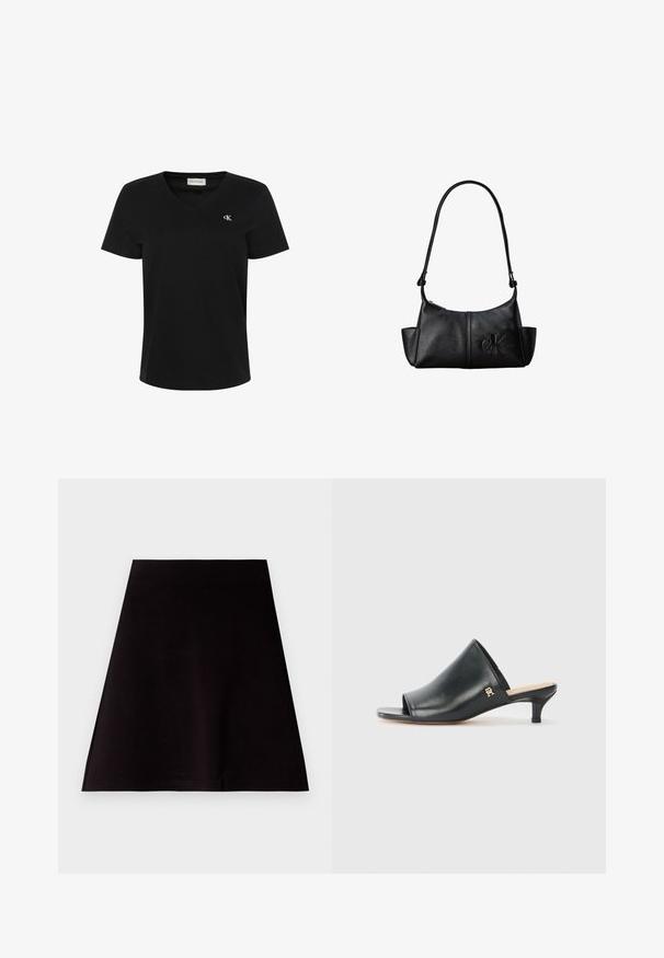 Camiseta negra de algodón con escote en V, mangas cortas y un pequeño logo blanco "ck" en el pecho izquierdo. Textura suave y ajuste clásico.; Falda mini negra en corte A, fabricada en un tejido suave con un diseño limpio y sencillo. Presenta un dobladillo recto y sin patrones ni adornos visibles.; Mules de cuero negro de punta abierta con un tacón bajo. Presentan una superficie lisa y un acento del logo dorado en el costado.; Bolso de hombro de cuero negro con correa larga, bolsillos laterales y logo de Calvin Klein en relieve en la parte delantera.