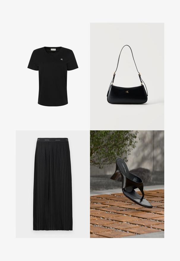 Zwart katoenen T-shirt met een V-hals, korte mouwen en een klein wit "ck"-logo op de linkerborst. Soepele textuur en klassieke pasvorm.; Zwarte geplooide midi-skirt met een elastische tailleband en herhalend Calvin Klein-logo in het wit.; Zwarte Calvin Klein hoge hak teenslipper die zweeft boven een betegeld buitenterrein met groen en een betonnen muur op de achtergrond.; Zwarte leren schoudertas met gebogen vorm, verstelbare riem en goudkleurig "cK" logo aan de voorkant in het midden.