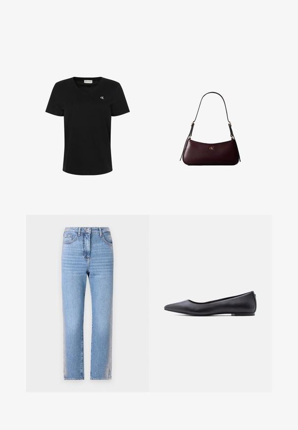 Zwart katoenen T-shirt met een V-hals, korte mouwen en een klein wit "ck"-logo op de linkerborst. Soepele textuur en klassieke pasvorm.; Lichtblauwe denim jeans met een rechte snit, voorzien van een knoop- en ritssluiting, vijf zakken en een vervaagde textuur op de benen.; Zwarte platte leren schoen met puntige neus en lage hak, zijaanzicht tegen een witte achtergrond.; Donker bordeauxkleurige leren handtas met een smalle zwarte schouderband en klein gouden "cK" logo aan de voorkant in het midden.
