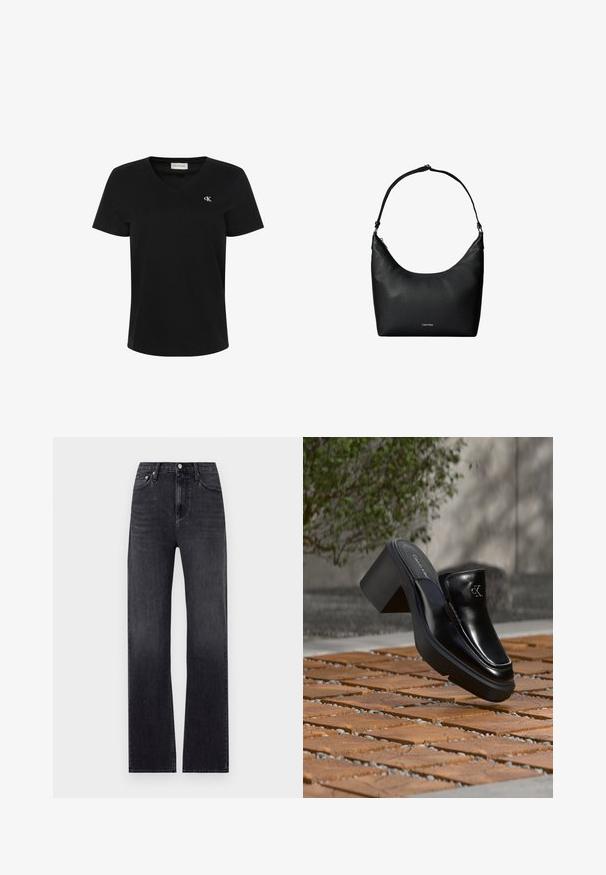 Zwarte T-shirt met korte mouwen en een V-hals met een klein wit "cK" logo op de linkerborst en een Calvin Klein Jeans-label aan de binnenkant van de kraag.; Zwarte rechte jeans gemaakt van denim, met een hoge taille, vijf zakken en een ritssluiting met knoop. Iets vervaagde wassing.; Zwarte leren Calvin Klein slip-on mule met blokhak rustend op houten tegels buiten, vlak bij een groene plant en een grijze muur.; Zwarte gestructureerde leren schoudertas met een enkele riem en een klein Calvin Klein-logo aan de voorkant in het midden.