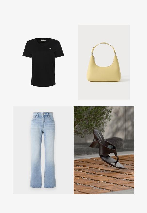 Zwart katoenen T-shirt met een V-hals, korte mouwen en een klein wit "ck"-logo op de linkerborst. Soepele textuur en klassieke pasvorm.; Lichtblauwe denim flared jeans met een hoge taille, contrasterende stiksels, voorvakken en een subtiele vervaging naar de zoom toe.; Bruine Calvin Klein teenslipper met hak, hangend boven houten tegels en grind op een buitenvloer met een vage achtergrond van groen en stenen.; Gele leren handtas met een gebogen silhouet, korte verstelbare band en een vak met ritssluiting. Heeft een subtiel logo aan de voorkant.