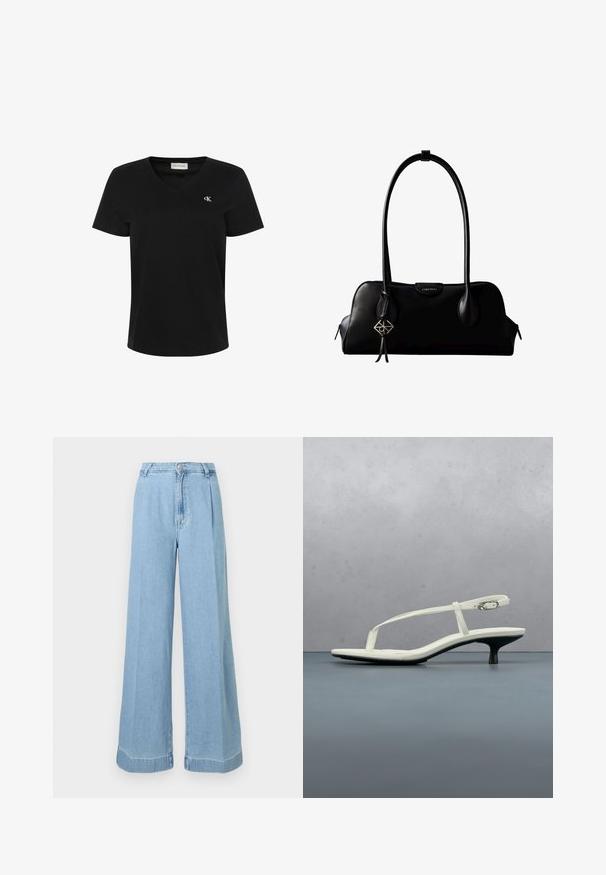 Μαύρο βαμβακερό T-shirt με λαιμόκοψη σε σχήμα V, κοντά μανίκια και μικρό λευκό λογότυπο "ck" στο αριστερό στήθος. Ομαλή υφή και κλασική γραμμή.; Ανοιχτό μπλε τζιν παντελόνι σε ίσια γραμμή με ψηλή μέση, πιέτες μπροστά και ακατέργαστο στρίφωμα για ένα καθημερινό στυλ.; Λευκό σανδάλι με λουράκια και τακούνι kitten, με μυτερή μύτη, αιωρούμενο πάνω από ξύλινο πλακάκι σε εξωτερικό χώρο με θολό φόντο από φυτό και τοίχο.; Μαύρη δερμάτινη τσάντα Calvin Klein με μακριές λαβές, μπροστινή ετικέτα με το λογότυπο και ασημένιο γεωμετρικό γούρι που κρέμεται από τη μία λαβή.