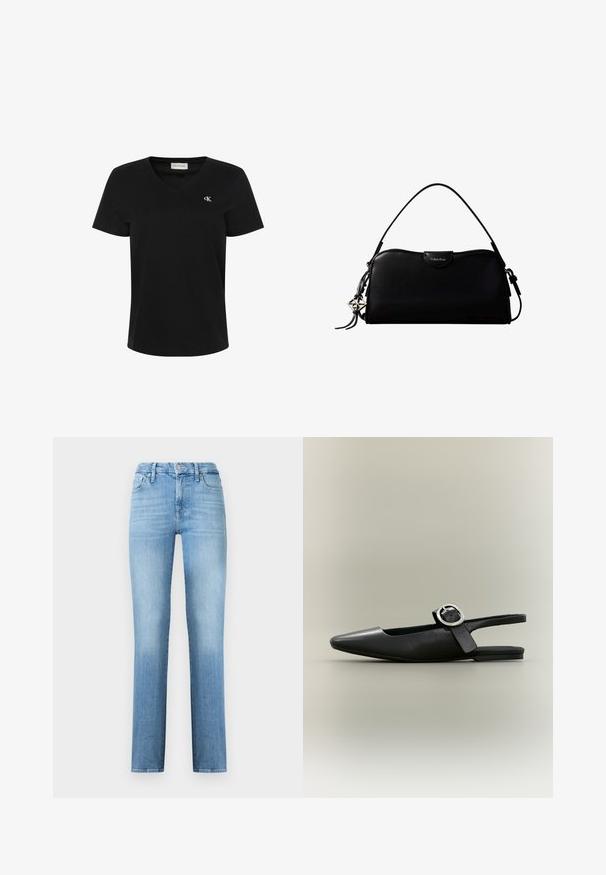 Sort bomulds-T-shirt med V-hals, korte ærmer og et lille hvidt "ck"-logo på venstre bryst. Glat tekstur og klassisk pasform.; Lyseblå lige jeans lavet af denim, med et klassisk fem-lomme design og et syet bæltelinje med frontknaplukning.; Sort spids flat slingback-sko med sølv spænde og lav hæl på en neutral baggrund.; Sort rektangulær Calvin Klein håndtaske med enkelt toprem, sølvlogo vedhæng og lille klaplukning foran.