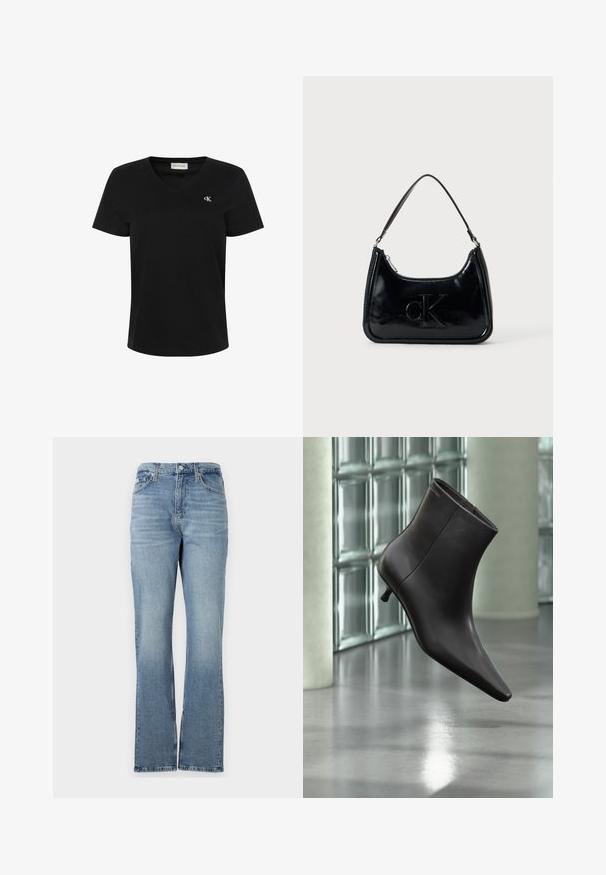 T-shirt noir à manches courtes avec col en V, petit logo blanc "cK" sur la poitrine gauche et étiquette Calvin Klein Jeans à l’intérieur du col.; Jean en denim bleu clair avec une jambe droite, design à cinq poches, passants de ceinture et fermeture éclair. Le tissu a une texture subtile.; Bottine en cuir noir avec bout pointu et petit talon, présentée devant un mur en blocs de verre et un sol poli.; Sac à main en cuir verni noir avec une anse incurvée, fermeture éclair et logo "cK" embossé sur le devant. Texture lisse, forme structurée.