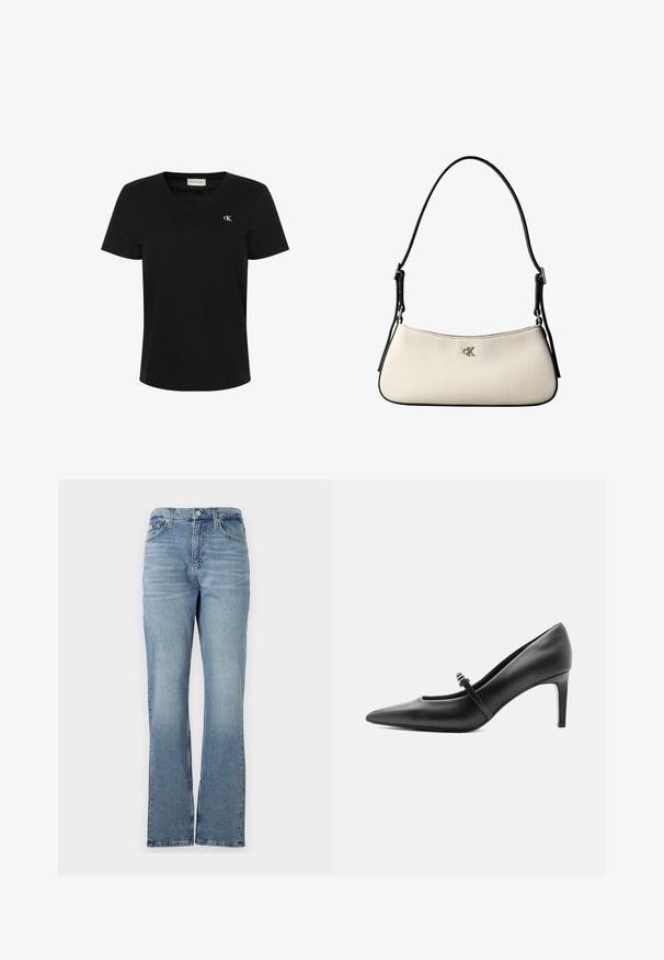 T-shirt noir à manches courtes avec col en V, petit logo blanc "cK" sur la poitrine gauche et étiquette Calvin Klein Jeans à l’intérieur du col.; Jean en denim bleu clair avec une jambe droite, design à cinq poches, passants de ceinture et fermeture éclair. Le tissu a une texture subtile.; Escarpin noir en cuir à bout pointu avec une fine bride et une boucle sur le cou-de-pied, posé sur un fond clair neutre.; Petit sac à bandoulière crème avec bordure noire, sangle noire réglable et logo "cK" argenté au centre devant.