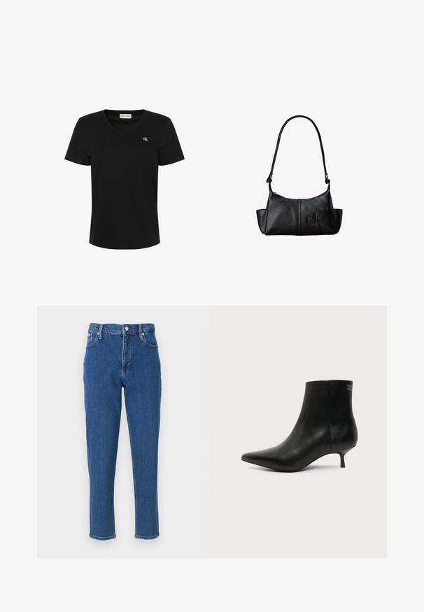T-shirt noir à manches courtes avec col en V, petit logo blanc "cK" sur la poitrine gauche et étiquette Calvin Klein Jeans à l’intérieur du col.; Jean en denim bleu avec taille haute, fermeture éclair, cinq poches, jambes droites, et une texture légèrement décolorée, avec un ourlet net.; Bottine en cuir noir avec bout pointu et petit talon kitten sur fond clair, vue côté extérieur.; Sac à bandoulière en cuir noir avec une longue sangle, des poches latérales et le logo Calvin Klein embossé sur le devant.