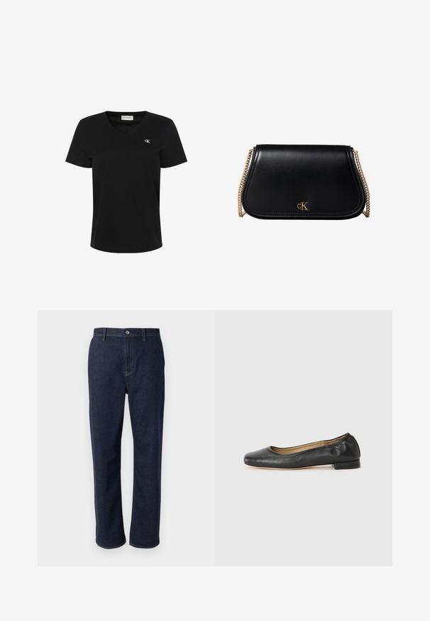 Black short-sleeve V-neck T-shirt with small white "cK" logo on left chest and Calvin Klein Jeans label inside collar.; Dark blue denim jeans with a straight leg design, featuring a zip fly, front pockets, and visible stitching in a contrasting color.; Black leather ballet flats with a rounded toe and minimal stitching. Low, rectangular heel and smooth texture. Subtle interior lining detail.; Black leather shoulder bag with gold chain strap and small gold "cK" logo on front center.