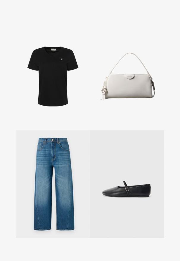 Camiseta negra de algodón con escote en V, mangas cortas y un pequeño logo blanco "ck" en el pecho izquierdo. Textura suave y ajuste clásico.; Jeans de denim de pierna ancha en azul claro con un lavado desgastado, que cuentan con cinco bolsillos y un cierre de botón en la parte delantera. Fabricados en tela de algodón.; Bailarinas de cuero negro con punta afilada, suela plana y una pequeña correa con detalle de hebilla plateada.; Bolso rectangular blanco de Calvin Klein con un solo asa, diseño minimalista y borlas decorativas con un charm metálico geométrico en el lateral.