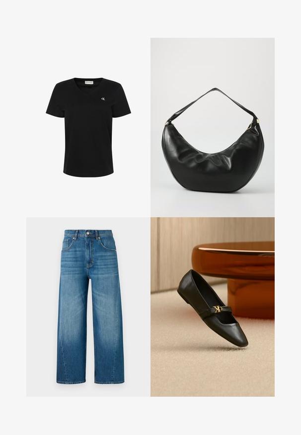 Schwarzes Baumwoll-T-Shirt mit V-Ausschnitt, kurzen Ärmeln und kleinem weißem "ck"-Logo auf der linken Brust. Glatte Textur und klassischer Schnitt.; Weite Denim-Jeans in Hellblau mit einem verblassten Wasch-Effekt, ausgestattet mit fünf Taschen und einem vorderen Knopfverschluss. Aus Baumwollmaterial gefertigt.; Schwarzer flacher Lederschuh mit spitzer Kappe und goldenem CK-Logo auf dem Riemen, auf beigem Teppich neben einem runden bernsteinbraunen Tisch platziert.; Schwarze Leder-Schultertasche mit geschwungener Form, weicher Textur und einem einzelnen Riemen; verfügt über einen goldenen Reißverschluss und dezente Markenkennzeichnung.