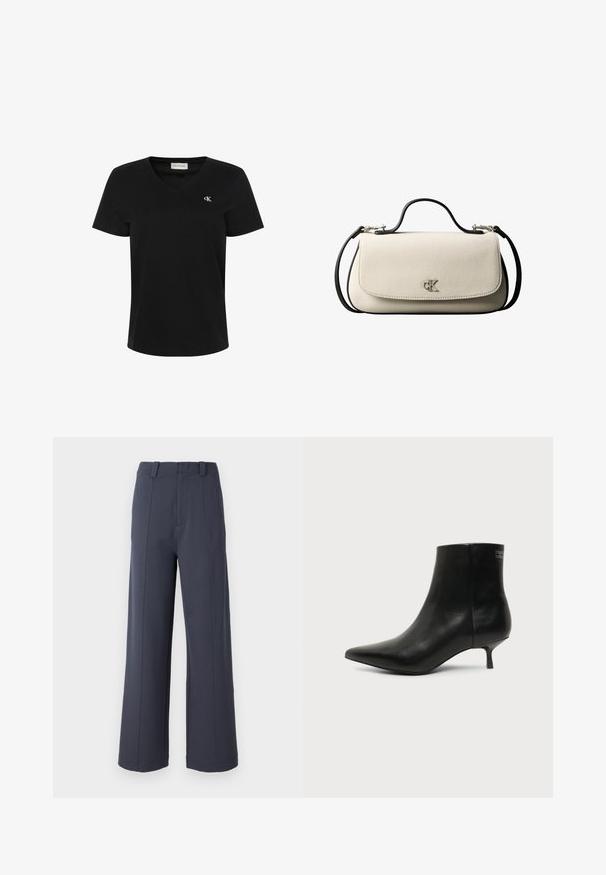 Camiseta negra de manga corta con escote en V con pequeño logo blanco "cK" en el pecho izquierdo y etiqueta de Calvin Klein Jeans en el interior del cuello.; Pantalones de pierna ancha en tejido gris oscuro. Las características incluyen una cintura alta, pliegues en la parte delantera y una textura suave con pasadores para cinturón.; Botín de piel negra con puntera puntiaguda y tacón bajo estilo kitten sobre fondo claro, mostrando vista lateral exterior.; Bolso rectangular de color crema con correa y asa negras, cierre frontal con solapa y pequeño logo plateado "cK" en el centro del frente.