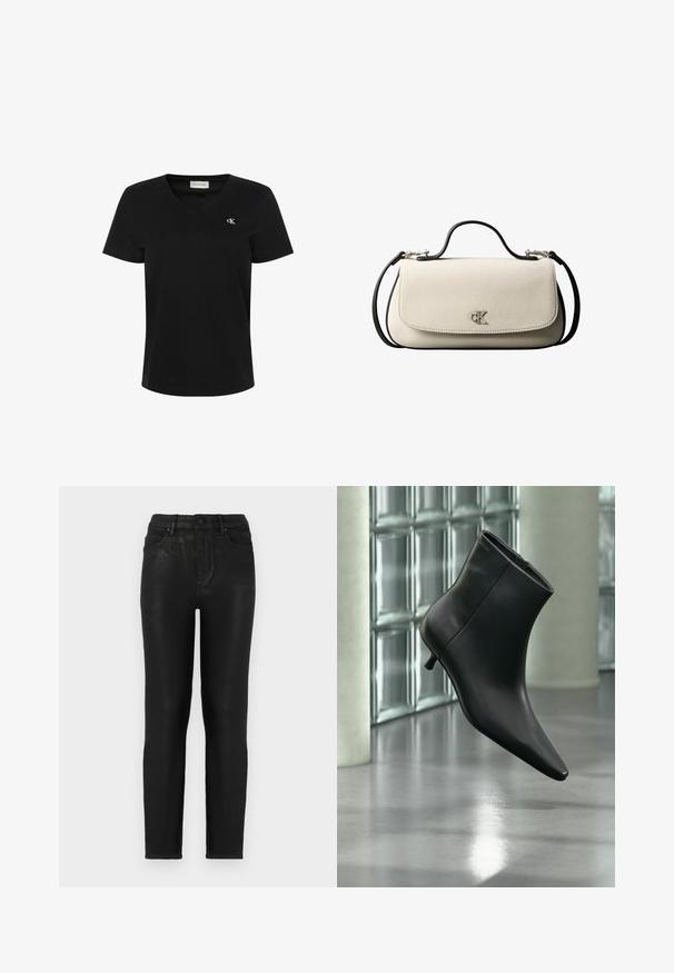 Sort T-shirt med korte ærmer og V-hals med lille hvidt "cK" logo på venstre bryst og Calvin Klein Jeans mærkat inde i kraven.; Sorte denim jeans med slim fit, der har høj talje, klassisk fem-lomme design og en subtil glans-struktur. Standard frontknaplukning.; Sort læderankelstøvle med spids tå og lav kitten-hæ, vist vinklet mod en poleret gulv- og glasblokvæg.; Cremefarvet rektangulær håndtaske med sort rem og håndtag, foran klaplukning samt lille sølvfarvet "cK" logo midt foran.