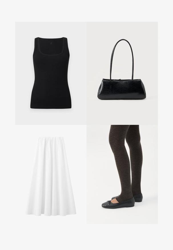 Débardeur noir moulant en tissu lisse, doté d'un décolleté carré et de larges bretelles ; sans motifs ni accents visibles.; Longue jupe blanche avec une taille élastique et un tissu fluide s'étendant jusqu'à l'ourlet.; Jambes portant des leggings côtelés foncés associés à des ballerines noires avec de petits détails en nœud sur fond blanc.; Sac à épaule rectangulaire noir avec de longues bretelles fines et une texture lisse et brillante sur un fond uni.
