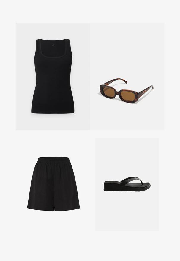 Schwarzes eng anliegendes Tanktop aus glattem Stoff, mit quadratischem Ausschnitt und breiten Trägern; keine sichtbaren Muster oder Akzente.; Schwarze Baumwollshorts mit elastischem Bund, im lässigen Schnitt und gerader Beinform. Glatte Textur ohne zusätzliche Muster oder Akzente.; Schwarze Keilabsatz-Zehensandale mit strukturierter Innensohle und dünnen Riemen mit dezentem Markenlogo auf schlichtem weißem Hintergrund.; Sonnenbrille im Schildpatt-Muster mit rechteckiger Form, braunen Gläsern, glattem Kunststoffrahmen und dünnen Bügeln, die dezente tonale Muster aufweisen.