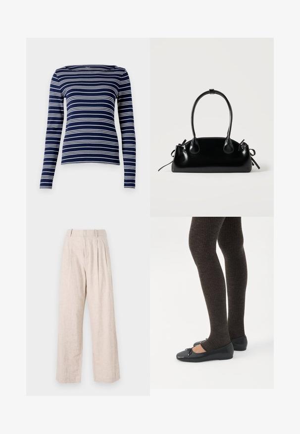 Haut à manches longues bleu marine avec des rayures horizontales blanches, encolure bateau et tissu doux et extensible. Design simple et ajusté, avec des détails minimalistes.; Pantalon en lin beige clair à coupe ample, avec des plis devant et une jambe droite. Style minimaliste et tissu texturé.; Jambes portant des leggings côtelés foncés associés à des ballerines noires avec de petits détails en nœud sur fond blanc.; Petit sac à main noir brillant avec deux longues anses et des détails à cordon sur les côtés sur un fond clair uni.