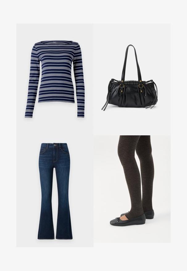 Navy lange mouw top met witte horizontale strepen, bootkraag en zachte, rekbare stof. Eenvoudig, getailleerd design, minimale details.; TOM TAILOR STELLA donkerblauw denim; Benen met donkere geribbelde leggings gecombineerd met zwarte ballerina's met kleine strikdetails op een witte achtergrond.; Zwarte leren handtas met een afgeronde vorm, dubbele handvatten, decoratieve hardware accenten en details met zijstrikken. Smooth, glanzende textuur.