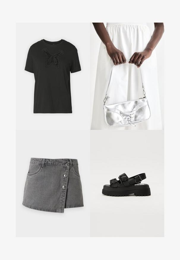 Camiseta de algodón negra con un diseño texturizado de mariposa negra en el frente, mangas cortas y un cuello redondo clásico.; Mini falda vaquera gris con cierre de botones delanteros, trabillas para cinturón y bolsillos delanteros, mostrada sobre un fondo blanco.; Sandalias de plataforma negras con tres correas ajustables de hebilla, una suela texturizada y una parte superior suave. Diseñadas con una silueta robusta y gruesa.; Bolso metálico plateado con detalle de cordones, que presenta un diseño elegante y una correa corta. El bolso está sostenido con las manos, mostrando su textura.