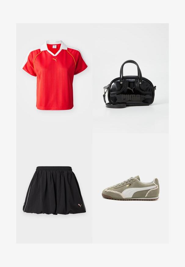 Polo shirt deportiva roja con cuello y mangas blancas, con rayas verticales y un pequeño logo dorado en el frente. Material ligero.; Falda deportiva corta negra con cintura elástica, ribete blanco lateral y pequeño logo de Puma en el lado inferior derecho.; Zapatillas de ante verde con acentos de cuero blanco, costuras texturizadas, parte frontal con cordones y suela de goma. Presenta detalles de diseño únicos a lo largo de los lados.; Bolso de mano de charol negro con dos asas superiores, correa para el hombro desmontable, forma redondeada y destacado logo en relieve de "PUMA".