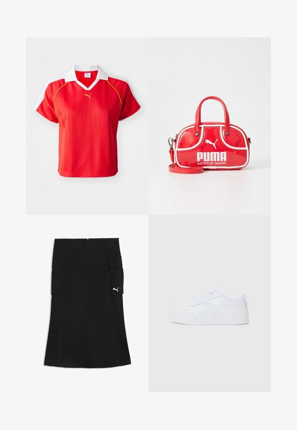 Rød sporty polo-shirt med hvid krave og ærmer, prydet med lodrette striber og et lille guld-logo foran. Letvægtsmateriale.; Sort nederdel til knæet med cargolommer på begge sider og et lille hvidt Puma-logo på højre lommeflap.; Hvide lave Puma sneakers med snørebånd, tekstureret gummisål og brandlogo på siden og hælflappen.; Rød lakeret mini håndtaske med hvide accenter, rund form, dobbelte håndtag, aftagelig skulderrem og fremtrædende PUMA-logo.