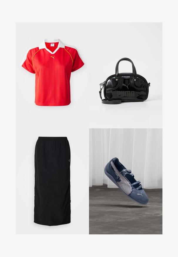 Rød sporty polo-shirt med hvid krave og ærmer, prydet med lodrette striber og et lille guld-logo foran. Letvægtsmateriale.; Sort atletisk nederdel med elastisk talje, der har sideskaller for nem bevægelse og minimal mærkning på højre side.; Blå og grå Puma flad sko med tre elastiske stropper, tekstureret sidepanel og hvidt Puma-logo, svævende over en betongulv.; Sort lakeret håndtaske med dobbelte top-håndtag, aftagelig skulderrem, rund form og et fremtrædende præget "PUMA"-logo.