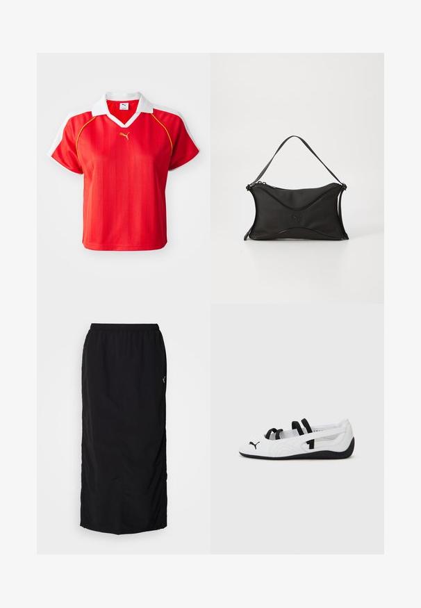 Rød sporty polo-shirt med hvid krave og ærmer, prydet med lodrette striber og et lille guld-logo foran. Letvægtsmateriale.; Sort atletisk nederdel med elastisk talje, der har sideskaller for nem bevægelse og minimal mærkning på højre side.; Hvide sportsko med sorte detaljer, der har en afrundet tå, elastiske stropper og en struktureret gummisål. Puma-logoet på forsiden.; Sort håndtaske lavet af et blødt, struktureret materiale. Har et bølget design, en enkelt skulderrem og en subtil logo-detalje på fronten.