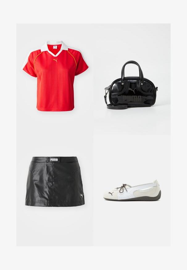 Polo-shirt rouge sportif avec col et manches blanches, arborant des rayures verticales et un petit logo doré à l'avant. Matière légère.; Jupe en faux cuir noir avec une texture lisse, arborant un logo PUMA à la taille et un petit logo sur l'ourlet.; Baskets blanches et grises à enfiler avec des lacets marron, logo Puma sur l'avant et semelle foncée texturée, montrées de profil sur fond blanc.; Sac à main en cuir verni noir avec des poignées supérieures doubles, une bandoulière amovible, une forme arrondie et un logo "PUMA" en relief bien visible.