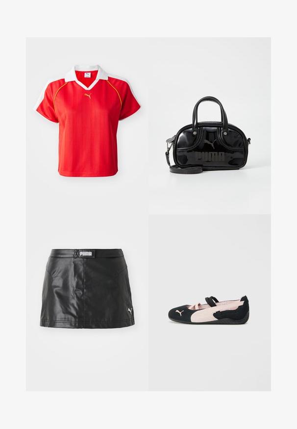 Rød sporty polo-shirt med hvid krave og ærmer, prydet med lodrette striber og et lille guld-logo foran. Letvægtsmateriale.; Sorte faux læder nederdel med en glat tekstur, der har et PUMA-logo på taljen og et lille logo på kanten.; Sorte og lys rosa ruskind flade sko med elastiske stropper, rund tå og struktureret gummisål, med et lille logo foran.; Sort lakeret håndtaske med dobbelte top-håndtag, aftagelig skulderrem, rund form og et fremtrædende præget "PUMA"-logo.