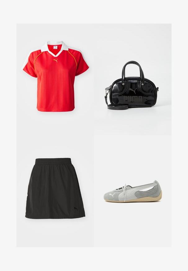 Polo-shirt rouge sportif avec col et manches blanches, arborant des rayures verticales et un petit logo doré à l'avant. Matière légère.; Jupe de sport noire avec une taille élastique, tissu léger, ourlet droit et un discret logo brodé en bas à droite.; Chaussure plate en daim Puma gris clair avec logo blanc, lacets à l'avant, côtés découpés et semelle beige texturée, vue du côté extérieur.; Sac à main en cuir verni noir avec des poignées supérieures doubles, une bandoulière amovible, une forme arrondie et un logo "PUMA" en relief bien visible.