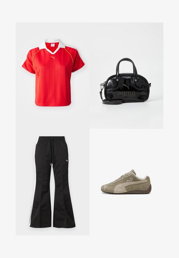 Rød sporty polo-shirt med hvid krave og ærmer, prydet med lodrette striber og et lille guld-logo foran. Letvægtsmateriale.; Sorte flared træningsbukser med hvide sidestriber, snøre i taljen og Puma-logo på venstre lår mod lys baggrund.; Suedesneakers i lysebrun med mørkere accenter, med et lavprofil design, snørebåndslukning og et mærke logo på siden.; Sort lakeret håndtaske med dobbelte top-håndtag, aftagelig skulderrem, rund form og et fremtrædende præget "PUMA"-logo.