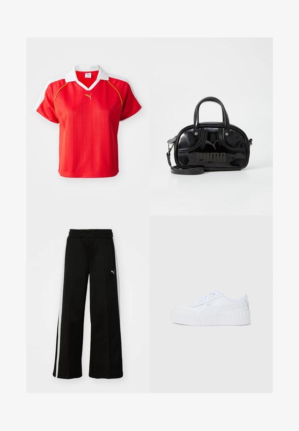 Rød sporty polo-shirt med hvid krave og ærmer, prydet med lodrette striber og et lille guld-logo foran. Letvægtsmateriale.; Sorte bukser med vide ben, elastisk talje, lodrette hvide striber, sidelivlommer og et lille logo på låret.; Hvide lave Puma sneakers med snørebånd, tekstureret gummisål og brandlogo på siden og hælflappen.; Sort lakeret håndtaske med dobbelte top-håndtag, aftagelig skulderrem, rund form og et fremtrædende præget "PUMA"-logo.