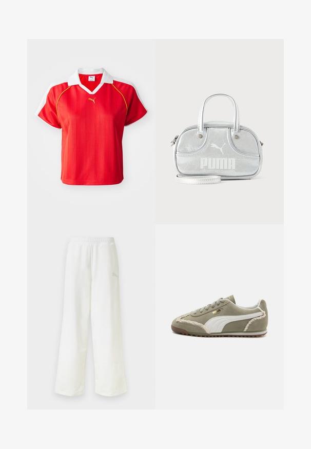 Rød sporty polo-shirt med hvid krave og ærmer, prydet med lodrette striber og et lille guld-logo foran. Letvægtsmateriale.; Hvide sweatpants med løs pasform, elastisk taljebånd og diskret logo på højre lår.; Grønne ruskind sneakers med hvide læderdetaljer, struktureret syning, snørelukning og gummisål. Har unikke designfunktioner langs siderne.; Lille metallic sølvfarvet Puma-håndtaske med to top-håndtag, en lang rem, frontlogo og lynlåslukning på en ensfarvet lys baggrund.