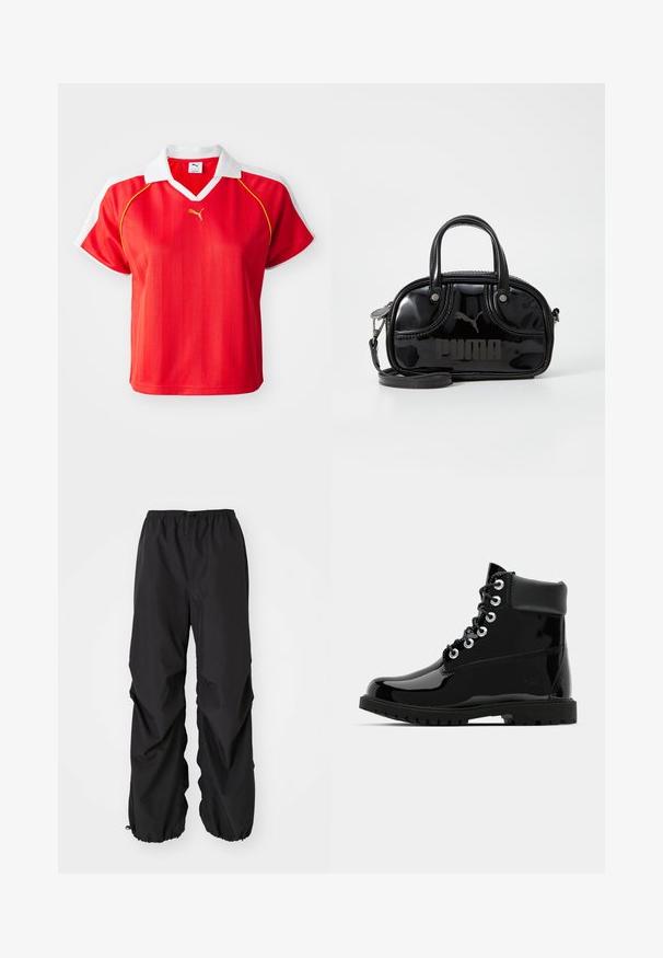 Rød sporty polo-shirt med hvid krave og ærmer, prydet med lodrette striber og et lille guld-logo foran. Letvægtsmateriale.; Sorte bukser med elastisk talje lavet af vandafvisende materiale. Har en løs pasform med sammenhæftede manchetter ved anklerne og ingen synlige mønstre.; Sorte skinnende ankelstøvler med en glat laklæderfinish, rund tå, seks snøreøjer og en robust gummisål.; Sort lakeret håndtaske med dobbelte top-håndtag, aftagelig skulderrem, rund form og et fremtrædende præget "PUMA"-logo.