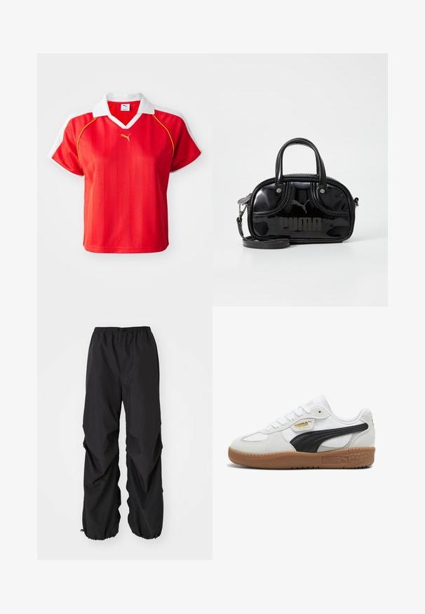 Polo-shirt rouge sportif avec col et manches blanches, arborant des rayures verticales et un petit logo doré à l'avant. Matière légère.; Pantalons noirs avec taille élastique fabriqués en matériau résistant à l'eau. Présente une coupe ample avec des poignets resserrés aux chevilles et sans motifs visibles.; Baskets en cuir blanc avec une bande en daim noir, semelle en caoutchouc gomme et logo doré sur le côté. Design à lacets avec un embout arrondi.; Sac à main en cuir verni noir avec des poignées supérieures doubles, une bandoulière amovible, une forme arrondie et un logo "PUMA" en relief bien visible.