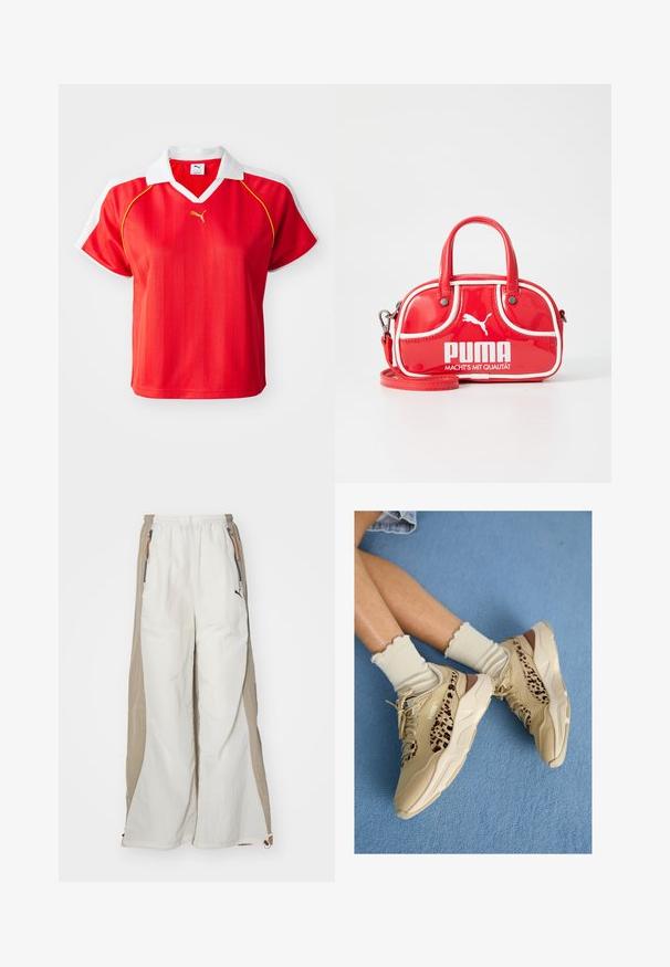 Polo shirt deportiva roja con cuello y mangas blancas, con rayas verticales y un pequeño logo dorado en el frente. Material ligero.; Pantalones ligeros blancos y beige con un acabado texturizado, que presentan una cintura elástica, bolsillos laterales y un pequeño logo negro.; Piernas cruzadas con zapatillas Puma beige con rayas de estampado de leopardo y calcetines crema con volantes sobre una alfombra azul.; Mini bolso de mano de charol rojo con acentos blancos, forma redondeada, doble asa, correa de hombro removible y logo de PUMA destacado.