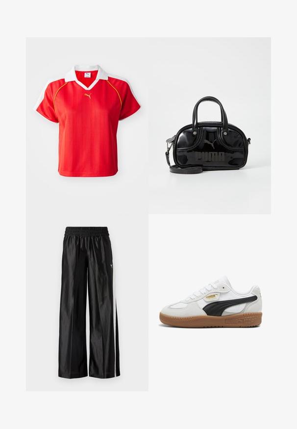 Rød sporty polo-shirt med hvid krave og ærmer, prydet med lodrette striber og et lille guld-logo foran. Letvægtsmateriale.; Sorte atletikbukser med vide ben, elastisk talje og en hvid stribe på siden med en lille Puma-logo på venstre lår.; Hvide lædersneakers med en sort ruskindsstribe, gummigummisål og guldbranding på siden. Snørebånddesign med en afrundet tå.; Sort lakeret håndtaske med dobbelte top-håndtag, aftagelig skulderrem, rund form og et fremtrædende præget "PUMA"-logo.
