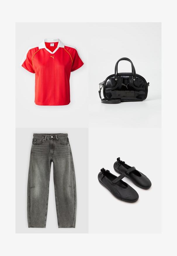 Polo-shirt rouge sportif avec col et manches blanches, arborant des rayures verticales et un petit logo doré à l'avant. Matière légère.; Jeans en denim gris délavé taille haute avec cinq poches, fermeture à bouton et coupe droite relaxée.; Paire de chaussures en cuir noir style Mary Jane avec arrière élastiqué et bride velcro, avec un logo Puma discret sur chaque orteil.; Sac à main en cuir verni noir avec des poignées supérieures doubles, une bandoulière amovible, une forme arrondie et un logo "PUMA" en relief bien visible.