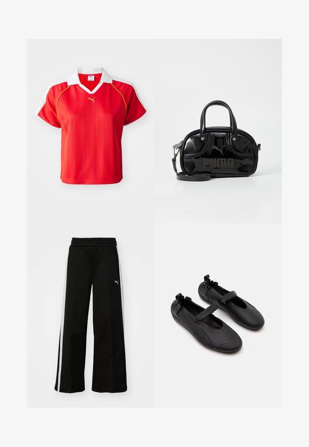 Rød sporty polo-shirt med hvid krave og ærmer, prydet med lodrette striber og et lille guld-logo foran. Letvægtsmateriale.; Sorte bukser med vide ben, elastisk talje, lodrette hvide striber, sidelivlommer og et lille logo på låret.; Par sorte læder Mary Jane-stil sko med elastisk bagpå og velcrolukning, med en diskret Puma-logo på hver tå.; Sort lakeret håndtaske med dobbelte top-håndtag, aftagelig skulderrem, rund form og et fremtrædende præget "PUMA"-logo.