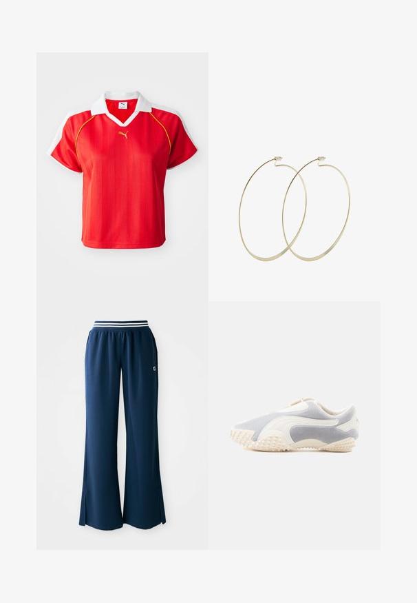 Rød sporty polo-shirt med hvid krave og ærmer, prydet med lodrette striber og et lille guld-logo foran. Letvægtsmateriale.; Marineblå sportsbukser med bred benvidde, elastisk talje med en hvid stribe og sideskridser for bedre bevægelse. Logo på lommen.; Sportsko i lys grå ruskind med hvide læderdetaljer. Har en tekstureret sål med små pigge for bedre greb. Slip-on design.; Pilgrim Øreringe - gold-coloured