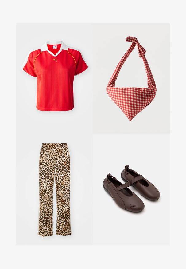 Rød sporty polo-shirt med hvid krave og ærmer, prydet med lodrette striber og et lille guld-logo foran. Letvægtsmateriale.; Leopardprint bukser lavet af blødt stof, med en afslappet pasform, vide ben og en elastisk talje i beige og brune nuancer.; Brune læder Mary Jane-stil sko med elastisk ryg, en rem over vristen og Puma-logo på afrundede tæer.; Blød stofskuldertaske med rødt og hvidt ternet mønster, håndtag med bundet knude og trekantet form mod en ensfarvet baggrund.