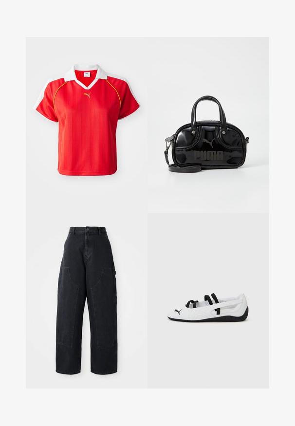 Rød sporty polo-shirt med hvid krave og ærmer, prydet med lodrette striber og et lille guld-logo foran. Letvægtsmateriale.; Sorte denim cargo bukser med vidde og høj talje, to store forlommer og knaplukning i taljen. Glat tekstur, casual design.; Hvide sportsko med sorte detaljer, der har en afrundet tå, elastiske stropper og en struktureret gummisål. Puma-logoet på forsiden.; Sort lakeret håndtaske med dobbelte top-håndtag, aftagelig skulderrem, rund form og et fremtrædende præget "PUMA"-logo.