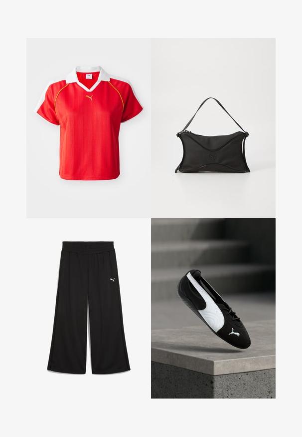 Polo-shirt rouge sportif avec col et manches blanches, arborant des rayures verticales et un petit logo doré à l'avant. Matière légère.; Pantalon de sport noir avec une taille élastique, boutons-pression sur les côtés et logo Puma blanc à l'avant. Fabriqué en tissu léger.; Baskets Puma noir et blanc avec lacets flottant au-dessus d'un rebord en béton sur un fond flou d'escaliers gris.; Sac à main noir en matériau doux et texturé. Présente un design ondulé, une bandoulière unique et un détail logo subtil à l'avant.