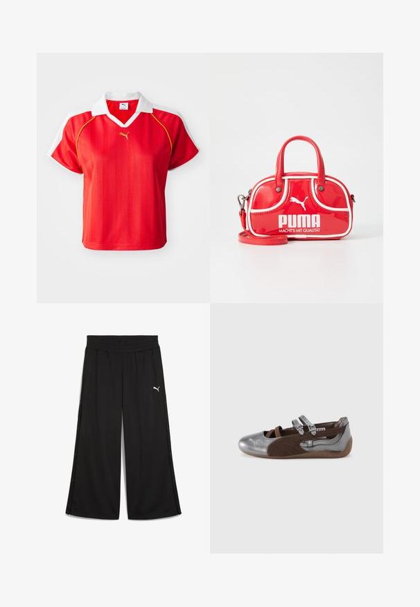 Punane sportlik polo särk valge krae ja varrukatega, millel on vertikaalsed triibud ja väike kuldne logo ees. Kerge materjal.; Mustad spordipüksid elastse vöökoha, külgede nööbid ja ees valge Puma logo. Valmistatud kergest kangast.; Hall ja pruun baleriin king, mille varbaküljel on läikiv hõbedane kate. Omab kahte reguleeritavat rihma ja tekstureeritud külgedetaili. Kummist tald.; Punane lakknahk mini käekott valgete aktsentidega, ümmargune kuju, kahekordne sang, eemaldatav õlavarre rihm ja silmapaistev PUMA logo.
