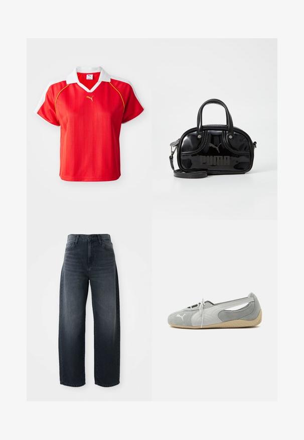 Rotes sportliches Poloshirt mit weißem Kragen und Ärmeln, mit vertikalen Streifen und einem kleinen goldenen Logo auf der Vorderseite. Leichtes Material.; Weite Jeans in dunkelblauem Denim, mit hoher Taille, klassischem Knopf- und Reißverschluss und subtilen Ausbleichungen an der Vorderseite.; Hellgrauer Puma Wildleder-Flachschuh mit weißem Logo, Schnürung vorne, ausgeschnittenen Seiten und beiger strukturierter Sohle, von der Außenseite gezeigt.; Schwarze Lacklederhandtasche mit doppelten Griffen oben, abnehmbarem Schulterriemen, runder Form und hervorgehobenem geprägten "PUMA"-Logo.