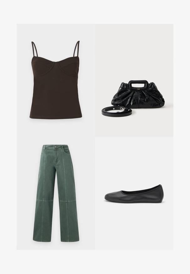 CLOSED Top - marsh green; Bredde bukser i mørkegrøn denim med stikninger, fem lommer og knaplukning i taljen. Glat tekstur og afslappet design.; Sort læderballetsko med rund tå, glat tekstur, minimal syning og et fleksibelt såldesign.; Lille sort læderhåndtaske med rynket tekstur, rektangulært håndtag og aftagelig tynd skulderrem placeret ved siden af.