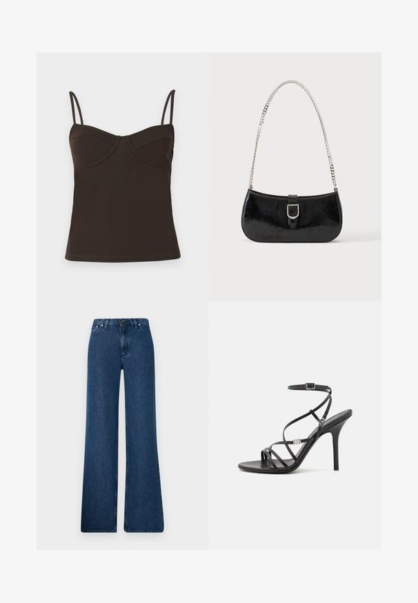 CLOSED Top - marsh green; Blå denim flared jeans med høj talje, fem-lomme design og metalknaplukning. Glat tekstur, afslappet stil og minimal syning.; Sort højhælet sandal med tynde stropper, en ankelspænde, en glat læderoverflade og en slank stilethæl.; Sort skuldertaske i laklæder med sølv spænde og sølv kæderem, vist mod en ensartet lys baggrund.