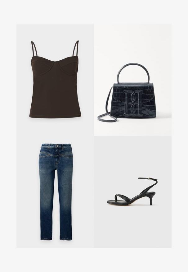 CLOSED Top - marsh green; Donkerblauwe denim jeans met een rechte snit, voorzien van lichte vervaging, oranje stiksels en een knoopsluiting in de taille.; Zwarte leren dames sandaal met dunne bandjes, een teengreep, een enkelgesp en een stilettohak van gemiddelde hoogte op een neutrale achtergrond.; Zwarte handtas van krokodillleer met een gestructureerd ontwerp, bovenhandvat, verstelbare schouderband en een opvallend voorlogo.
